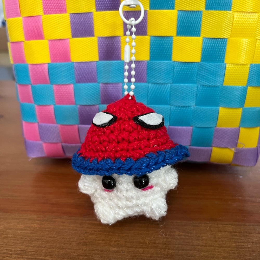 Handmade Crochet Keychain with Red and Blue Hat